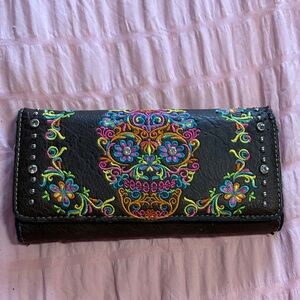 Montana West Deep Brown Wallet with Multicolor Embroidered Sugar Skull